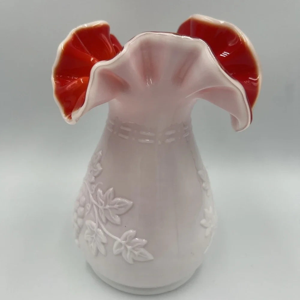 VTG Kanawha Pink Cased Glass Vase‎ w/ Ruby Red Interior Grape & Vine Ruffle